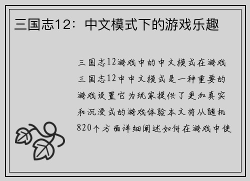 三国志12：中文模式下的游戏乐趣